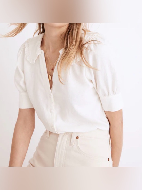 Madewell Tops - Madewell Cream Peter Pan Collar Linen Blend Ruffled-Collar Button-Up Top 6